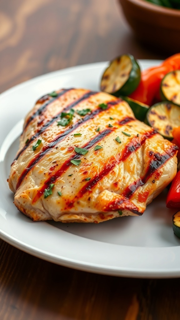 Juicy Grilled Chicken Recipe Grilled chicken breast garnished with herbs, served with grilled vegetables on a rustic table.